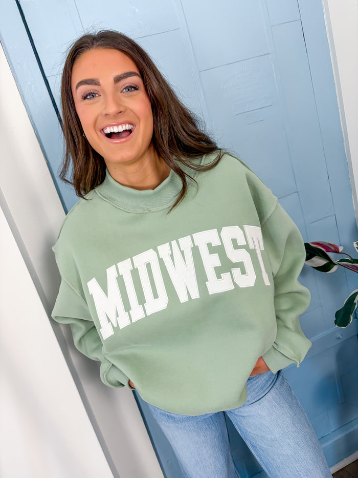 Bucketlist Midwest Embroidered Mock Neck- Sage – women's sweatshirt