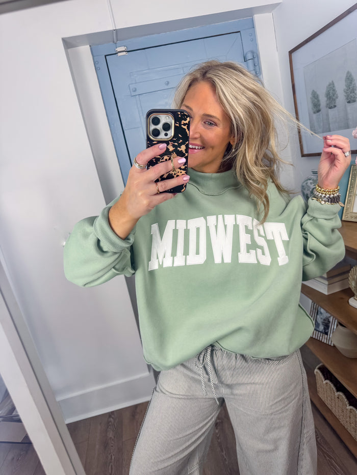 Bucketlist Midwest Embroidered Mock Neck- Sage – women's sweatshirt