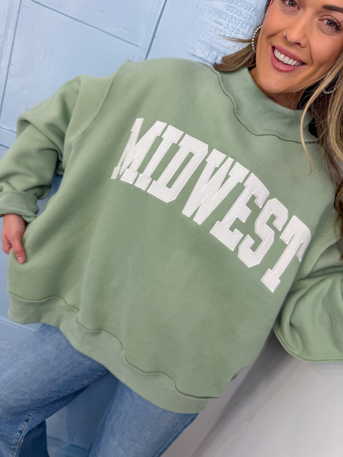 Bucketlist Midwest Embroidered Mock Neck- Sage – women's sweatshirt