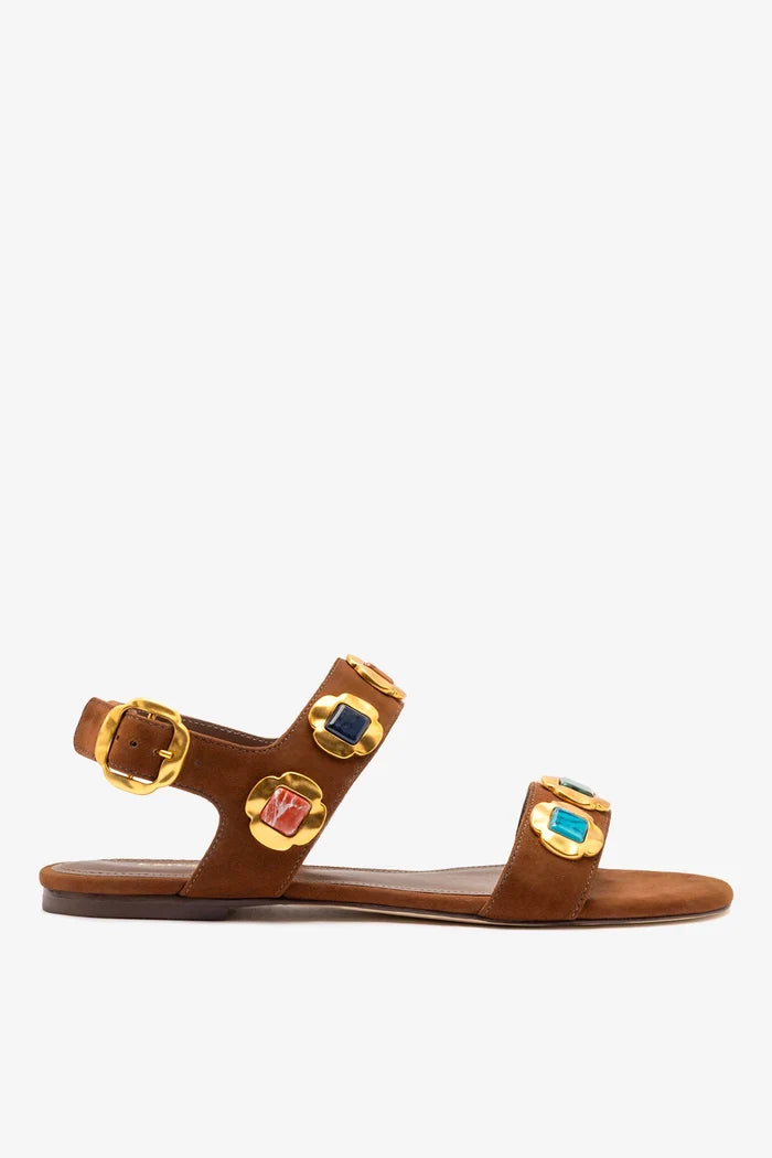 Milan Gioiello Flat In Burnt Umber Leather Flat - Sandal Larroudé