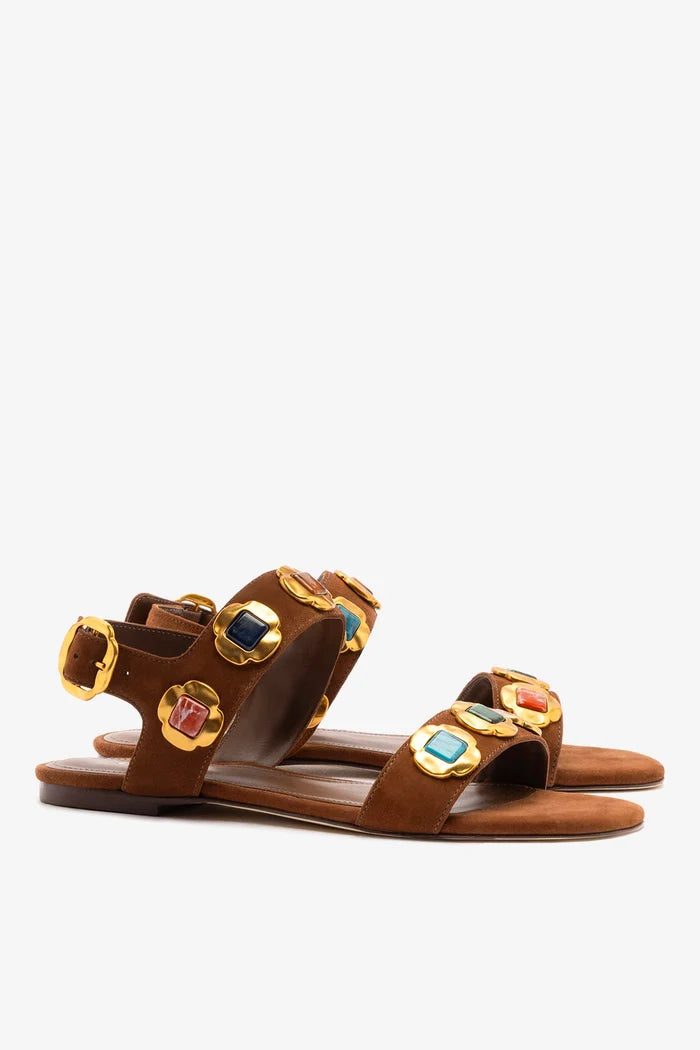 Milan Gioiello Flat In Burnt Umber Leather Flat - Sandal Larroudé