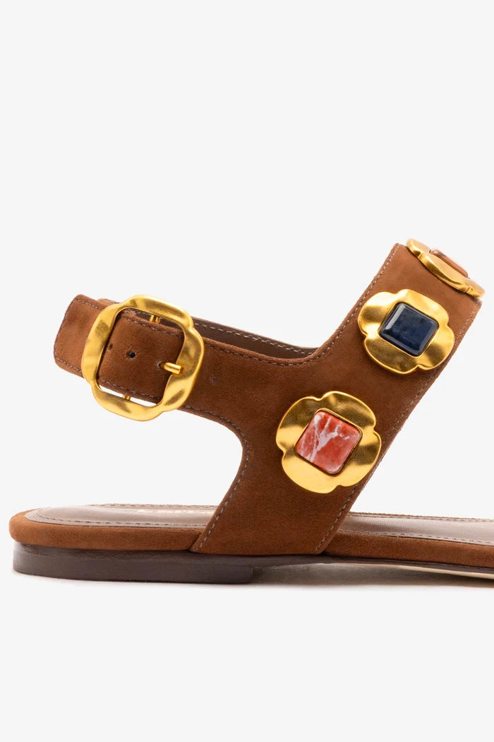 Milan Gioiello Flat In Burnt Umber Leather Flat - Sandal Larroudé