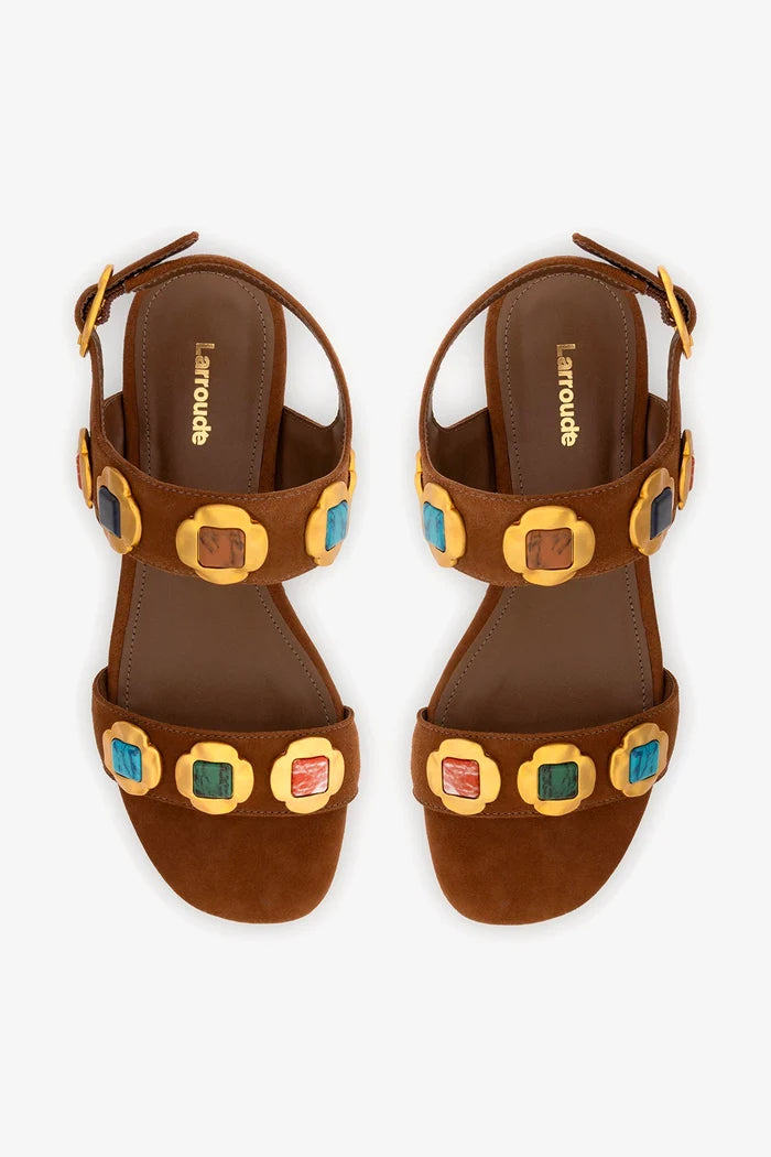 Milan Gioiello Flat In Burnt Umber Leather Flat - Sandal Larroudé