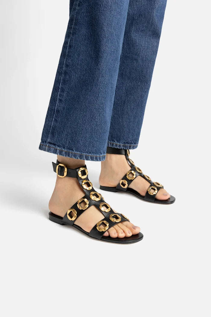 Milan Gladiator Flat In Black Leather Flat - Sandal Larroudé