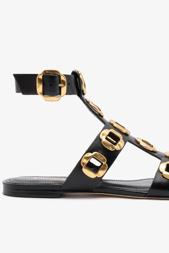 Milan Gladiator Flat In Black Leather Flat - Sandal Larroudé