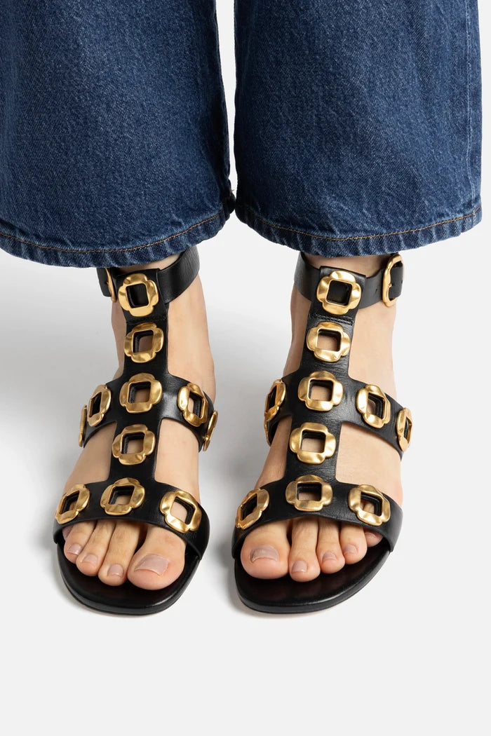 Milan Gladiator Flat In Black Leather Flat - Sandal Larroudé