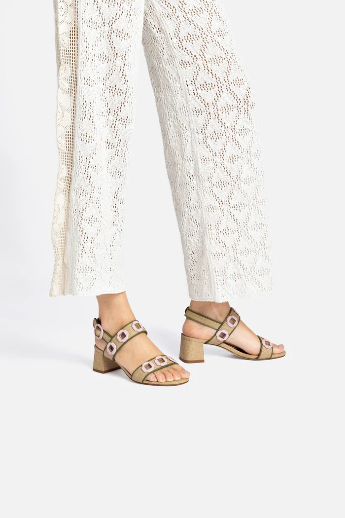 Milan Sandal In Beige Raffia and Seaweed Leather Sandal Larroudé