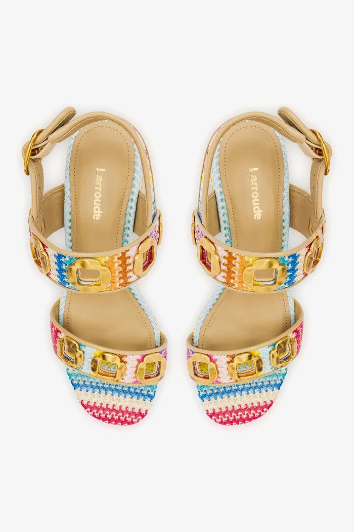 Milan Sandal In Rainbow Raffia and Beige Leather Sandal Larroudé