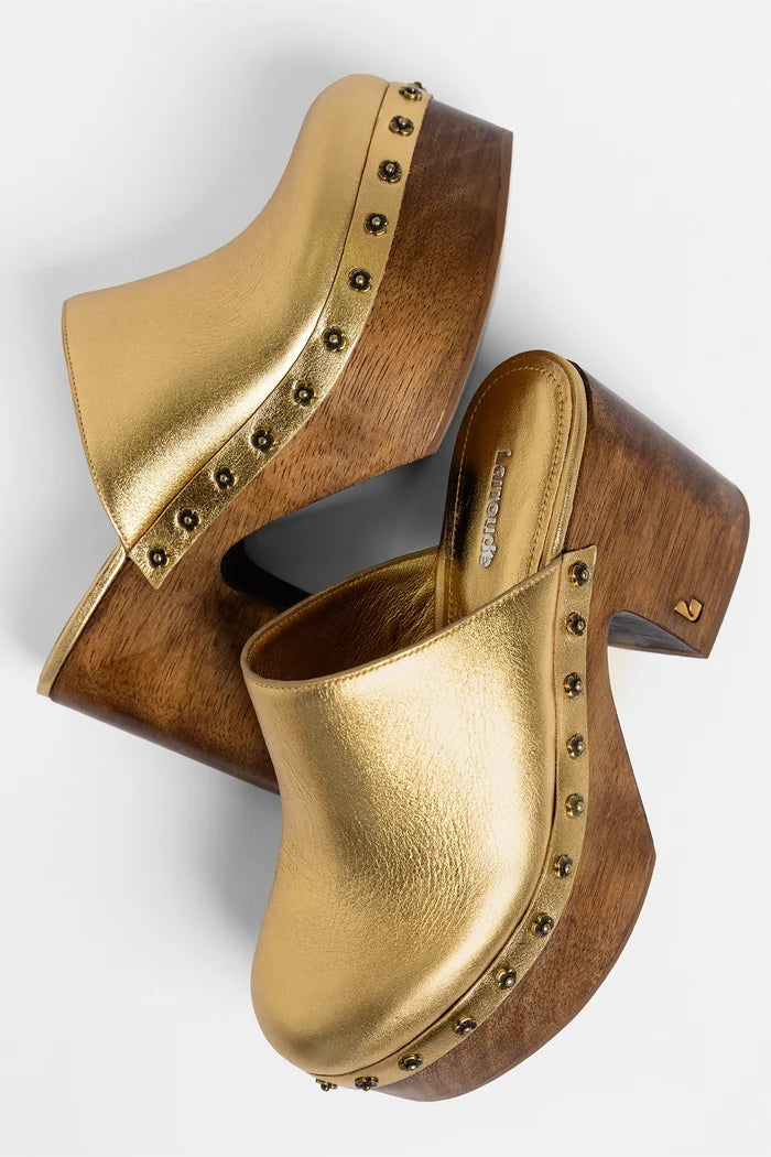 Miso Wooden Platform Clog Gold Leather Clog Larroudé