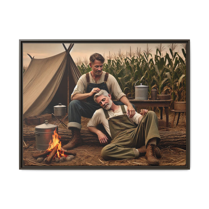 Older queer couple sharing a tender moment by the campfire, celebrating love