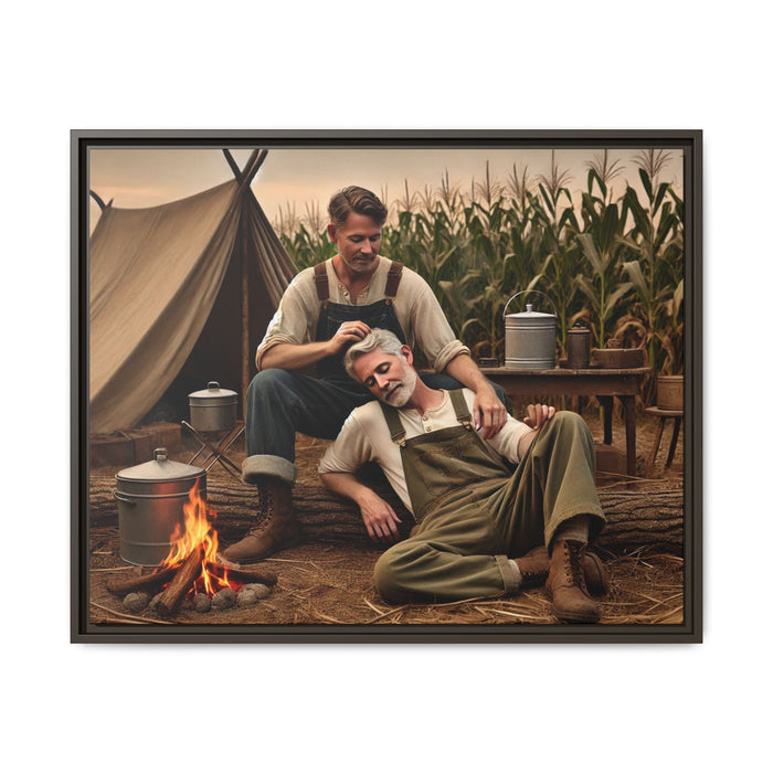 Older queer couple sharing a tender moment by the campfire, celebrating love