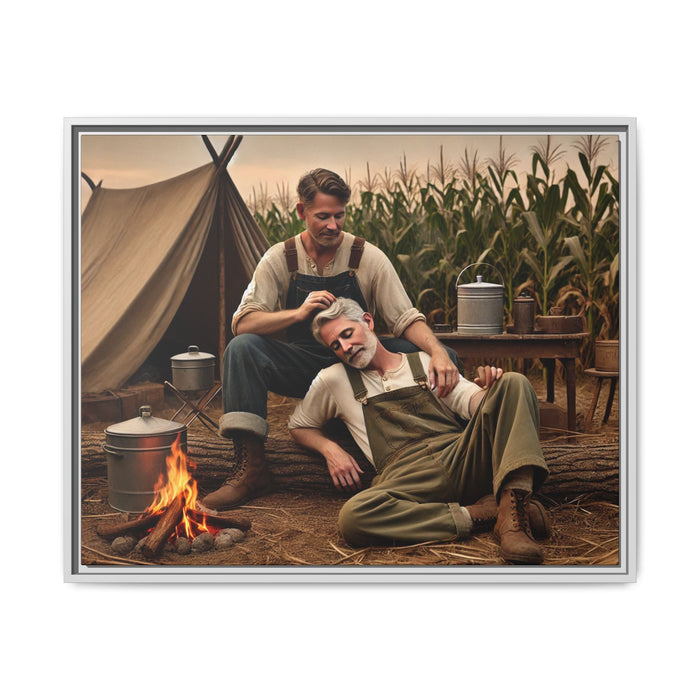 Older queer couple sharing a tender moment by the campfire, celebrating love