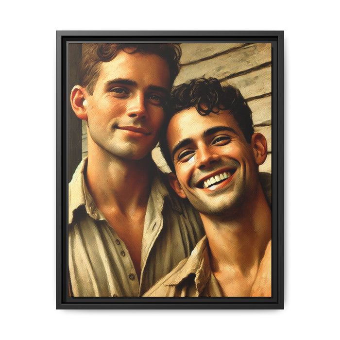 Artwork depicting a joyful moment between a young queer couple, embracing warmth and affection in vintage Americana style. Dressed in casual attire, their expressions radiate happiness and connection, celebrating LGBTQ+ love with a nostalgic, rustic backdrop