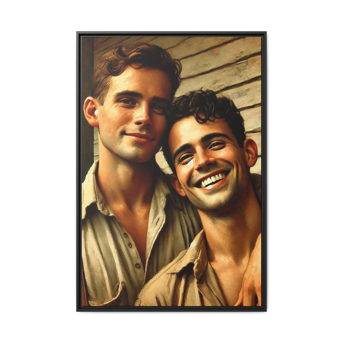 Artwork depicting a joyful moment between a young queer couple, embracing warmth and affection in vintage Americana style. Dressed in casual attire, their expressions radiate happiness and connection, celebrating LGBTQ+ love with a nostalgic, rustic backdrop
