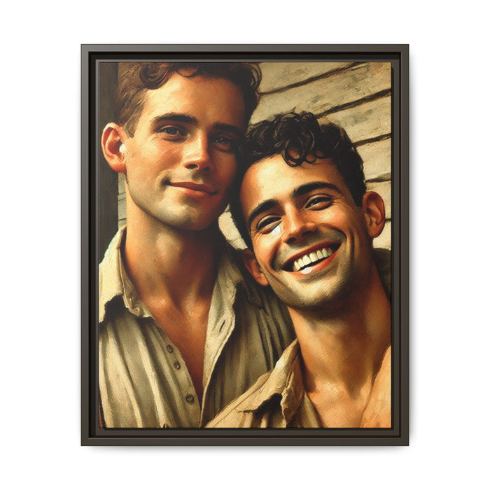 Artwork depicting a joyful moment between a young queer couple, embracing warmth and affection in vintage Americana style. Dressed in casual attire, their expressions radiate happiness and connection, celebrating LGBTQ+ love with a nostalgic, rustic backdrop