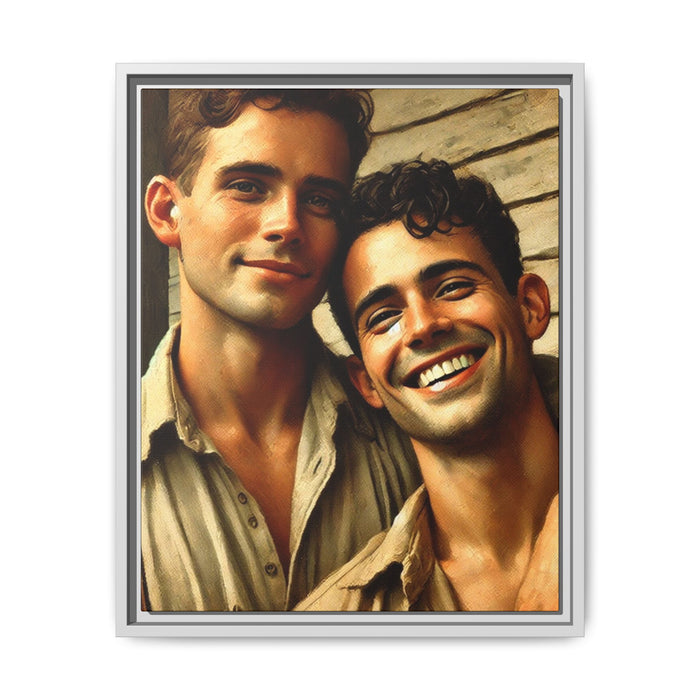 Artwork depicting a joyful moment between a young queer couple, embracing warmth and affection in vintage Americana style. Dressed in casual attire, their expressions radiate happiness and connection, celebrating LGBTQ+ love with a nostalgic, rustic backdrop