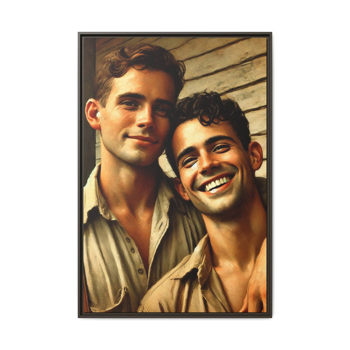 Artwork depicting a joyful moment between a young queer couple, embracing warmth and affection in vintage Americana style. Dressed in casual attire, their expressions radiate happiness and connection, celebrating LGBTQ+ love with a nostalgic, rustic backdrop