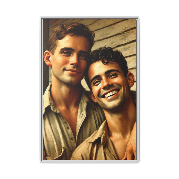 Artwork depicting a joyful moment between a young queer couple, embracing warmth and affection in vintage Americana style. Dressed in casual attire, their expressions radiate happiness and connection, celebrating LGBTQ+ love with a nostalgic, rustic backdrop