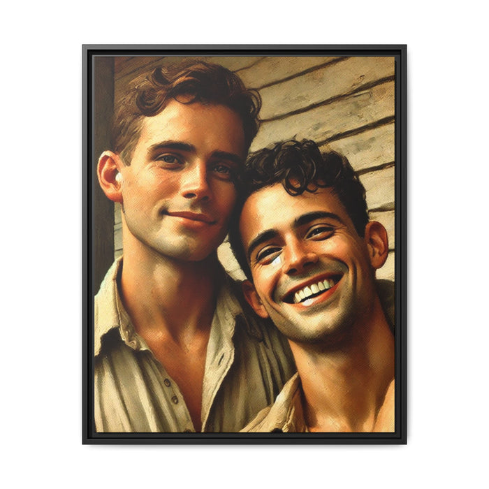 Artwork depicting a joyful moment between a young queer couple, embracing warmth and affection in vintage Americana style. Dressed in casual attire, their expressions radiate happiness and connection, celebrating LGBTQ+ love with a nostalgic, rustic backdrop