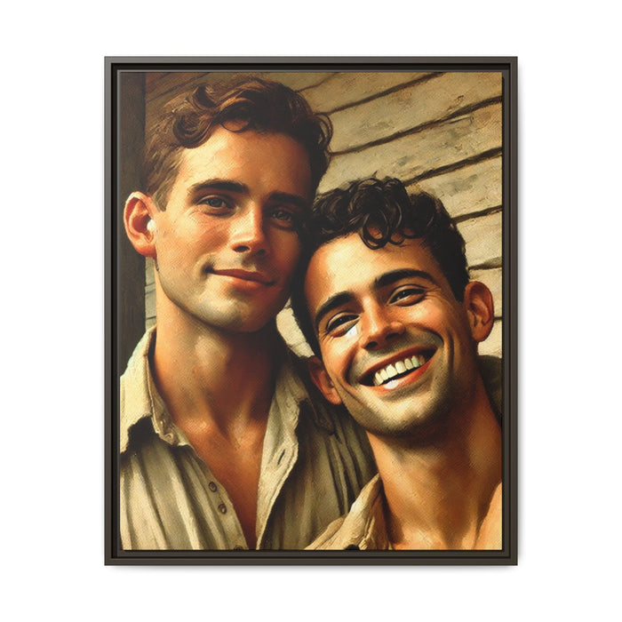 Artwork depicting a joyful moment between a young queer couple, embracing warmth and affection in vintage Americana style. Dressed in casual attire, their expressions radiate happiness and connection, celebrating LGBTQ+ love with a nostalgic, rustic backdrop