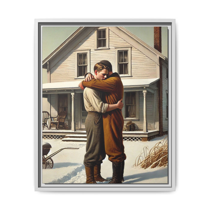 Artwork of a tender moment between a gay couple embracing outside a farmhouse in a snowy, rural landscape. Dressed in vintage attire, the two men find warmth and comfort in each other’s arms, capturing love and connection in a serene, Americana winter setting