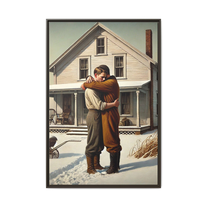 Artwork of a tender moment between a gay couple embracing outside a farmhouse in a snowy, rural landscape. Dressed in vintage attire, the two men find warmth and comfort in each other’s arms, capturing love and connection in a serene, Americana winter setting