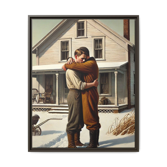 Artwork of a tender moment between a gay couple embracing outside a farmhouse in a snowy, rural landscape. Dressed in vintage attire, the two men find warmth and comfort in each other’s arms, capturing love and connection in a serene, Americana winter setting