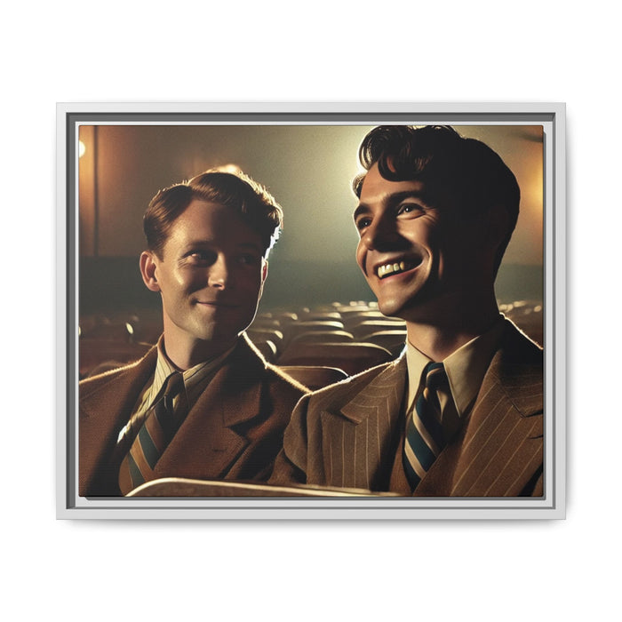 Vintage-style photo of two young men sharing an intimate moment on a date in a 1930s movie theater. Dressed in classic pinstripe suits, their smiles and close connection evoke the warmth and charm of the era, celebrating LGBTQ+ history and timeless romance.