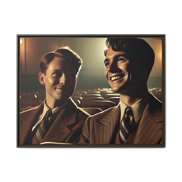 Vintage-style photo of two young men sharing an intimate moment on a date in a 1930s movie theater. Dressed in classic pinstripe suits, their smiles and close connection evoke the warmth and charm of the era, celebrating LGBTQ+ history and timeless romance.
