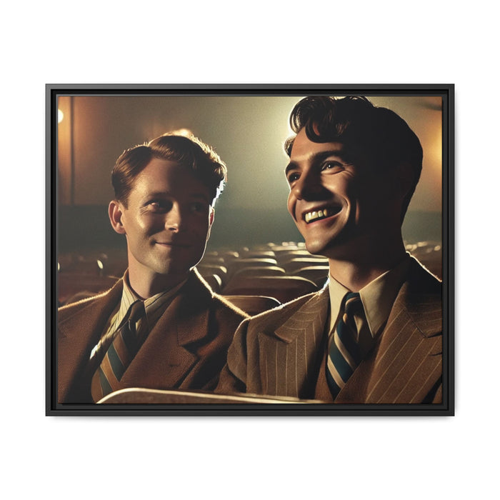 Vintage-style photo of two young men sharing an intimate moment on a date in a 1930s movie theater. Dressed in classic pinstripe suits, their smiles and close connection evoke the warmth and charm of the era, celebrating LGBTQ+ history and timeless romance.