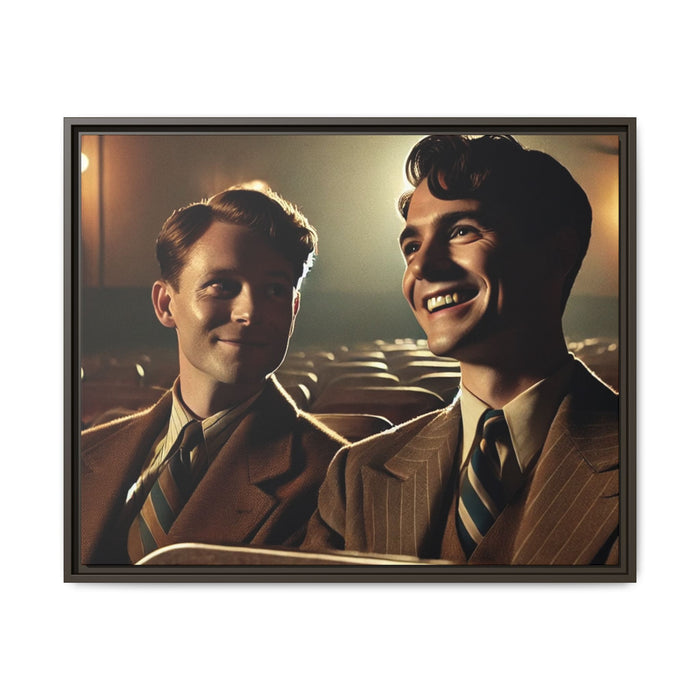 Vintage-style photo of two young men sharing an intimate moment on a date in a 1930s movie theater. Dressed in classic pinstripe suits, their smiles and close connection evoke the warmth and charm of the era, celebrating LGBTQ+ history and timeless romance.