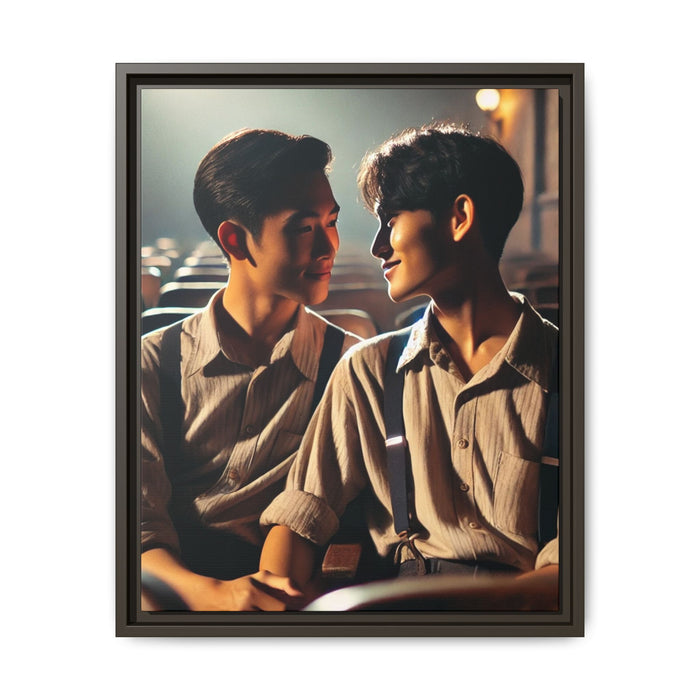 In the hush of a dimly lit Korean cinema, two young men sit hand-in-hand—sharing a gaze filled with tenderness, defiance, and quiet joy. Dressed in mid-century attire with soft linen shirts and suspenders, they embody a moment of connection that feels both intimate and revolutionary. This restored and colorized vintage portrait, believed to be from 1947 Korea, is a poignant reminder that queer love has always existed—even in places and times where it dared not speak its name.
