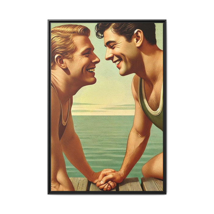 Vintage-style artwork of a joyful 1930s moment between a gay couple by the lake, dressed in classic swimwear and sharing warm smiles. Set on a serene wooden dock, this piece captures love, companionship, and LGBTQ+ history in an idyllic, nostalgic summer setting.