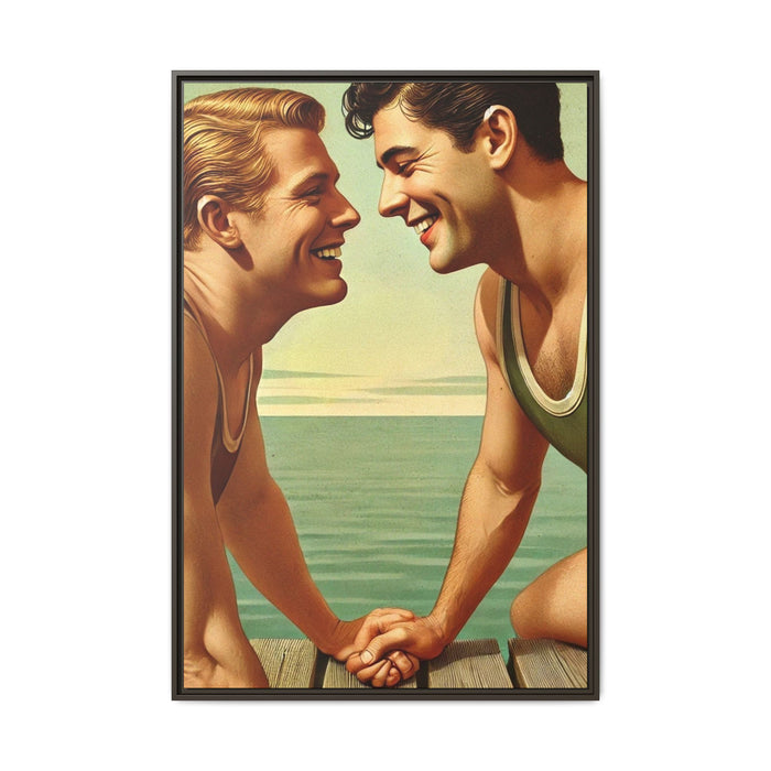 Vintage-style artwork of a joyful 1930s moment between a gay couple by the lake, dressed in classic swimwear and sharing warm smiles. Set on a serene wooden dock, this piece captures love, companionship, and LGBTQ+ history in an idyllic, nostalgic summer setting.
