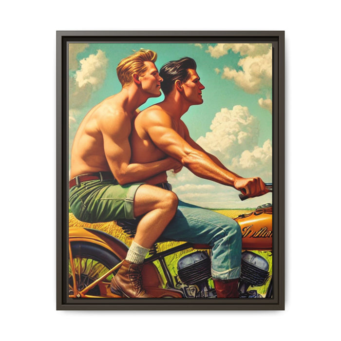 Framed artwork of a gay couple riding a vintage motorcycle through rural Iowa, celebrating love, unity, and the beauty of shared journeys. Inspired by Grant Wood