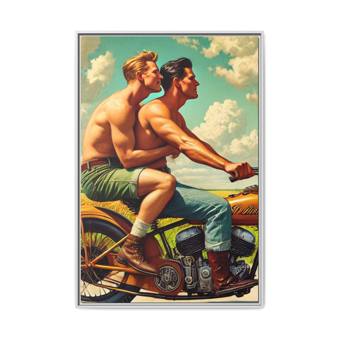Framed artwork of a gay couple riding a vintage motorcycle through rural Iowa, celebrating love, unity, and the beauty of shared journeys. Inspired by Grant Wood