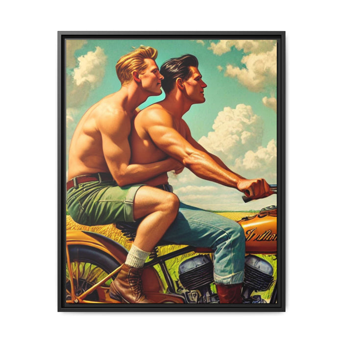 Framed artwork of a gay couple riding a vintage motorcycle through rural Iowa, celebrating love, unity, and the beauty of shared journeys. Inspired by Grant Wood