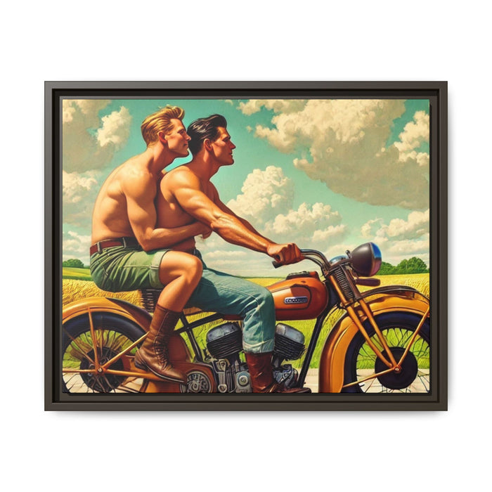 Framed artwork of a gay couple riding a vintage motorcycle through Iowa's countryside, celebrating love, unity, and freedom in a serene setting. Grant Wood Inspiration.