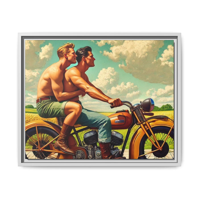 Framed artwork of a gay couple riding a vintage motorcycle through Iowa's countryside, celebrating love, unity, and freedom in a serene setting. Grant Wood Inspiration.