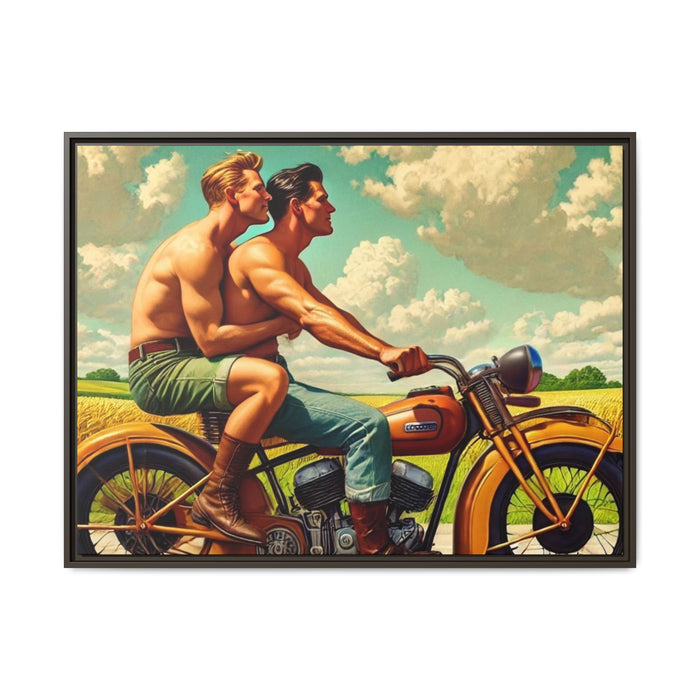 Framed artwork of a gay couple riding a vintage motorcycle through Iowa's countryside, celebrating love, unity, and freedom in a serene setting. Grant Wood Inspiration.