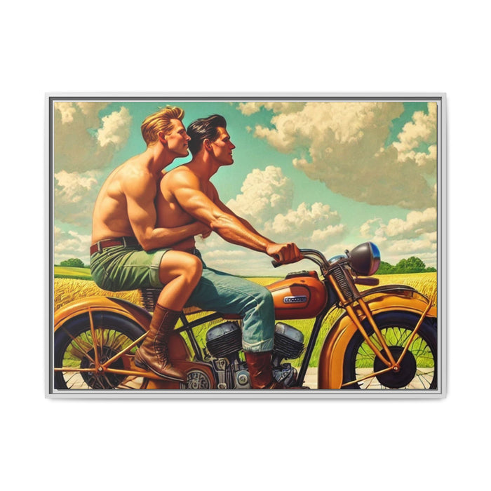 Framed artwork of a gay couple riding a vintage motorcycle through Iowa's countryside, celebrating love, unity, and freedom in a serene setting. Grant Wood Inspiration.