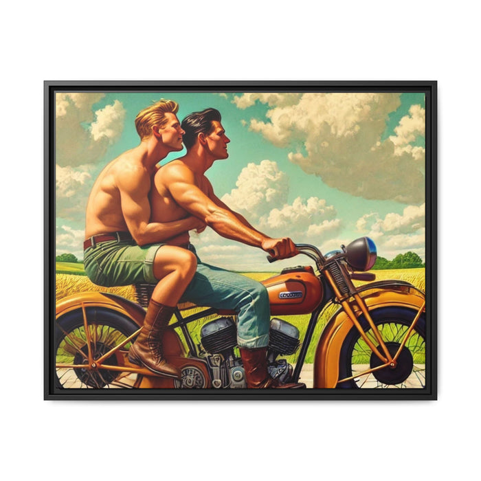 Framed artwork of a gay couple riding a vintage motorcycle through Iowa's countryside, celebrating love, unity, and freedom in a serene setting. Grant Wood Inspiration.