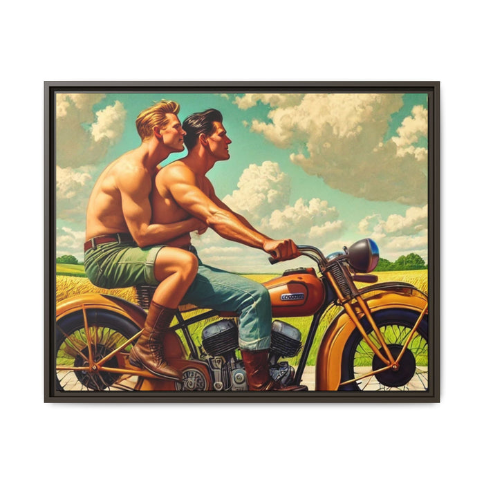 Framed artwork of a gay couple riding a vintage motorcycle through Iowa's countryside, celebrating love, unity, and freedom in a serene setting. Grant Wood Inspiration.