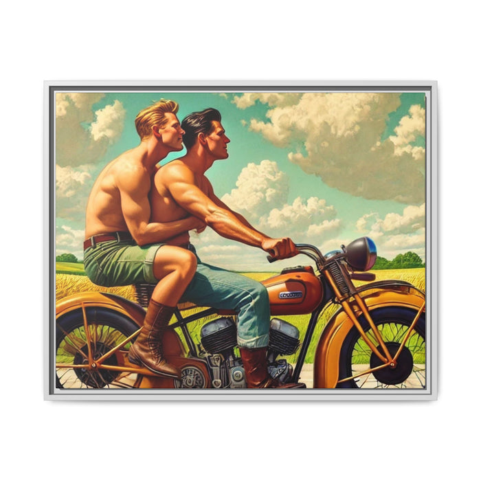 Framed artwork of a gay couple riding a vintage motorcycle through Iowa's countryside, celebrating love, unity, and freedom in a serene setting. Grant Wood Inspiration.