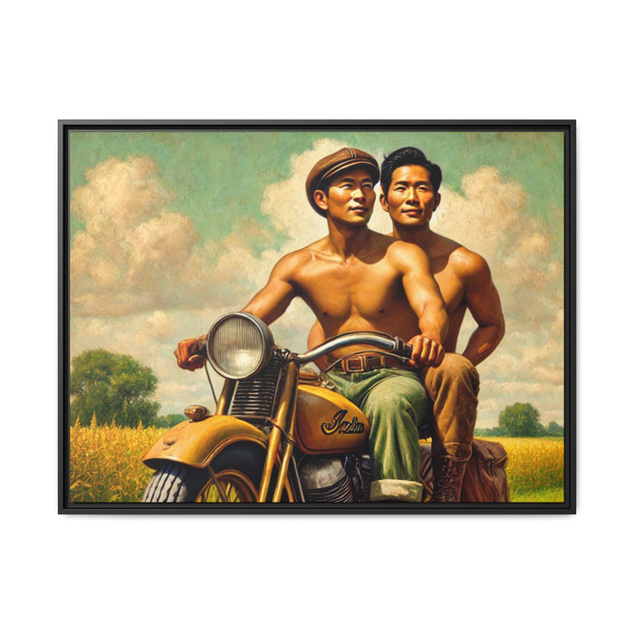 Framed artwork of an Asian-American gay couple riding a vintage yellow motorcycle through Iowa's serene countryside, celebrating love and unity.