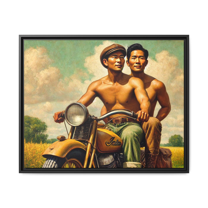 Framed artwork of an Asian-American gay couple riding a vintage yellow motorcycle through Iowa's serene countryside, celebrating love and unity.
