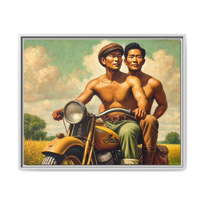 Framed artwork of an Asian-American gay couple riding a vintage yellow motorcycle through Iowa's serene countryside, celebrating love and unity.