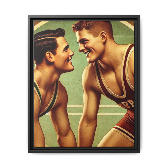 Framed artwork of two young wrestlers in vintage singlets on a stylized mat, inspired by Grant Wood's nostalgic Americana style.