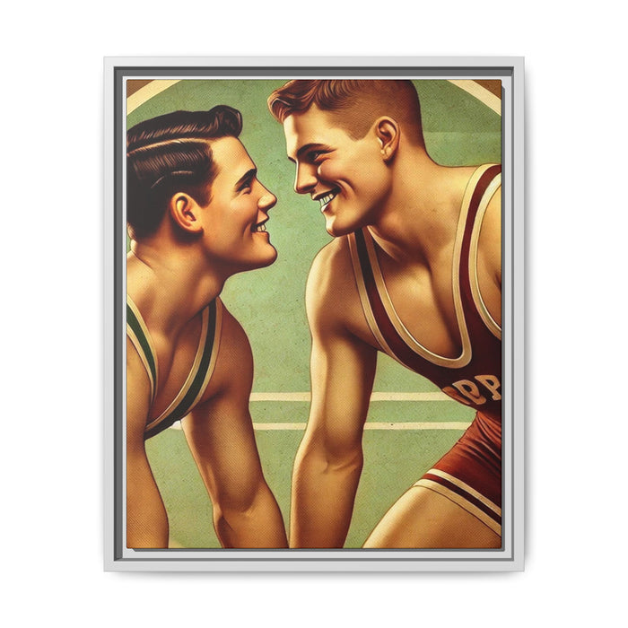 Framed artwork of two young wrestlers in vintage singlets on a stylized mat, inspired by Grant Wood's nostalgic Americana style.