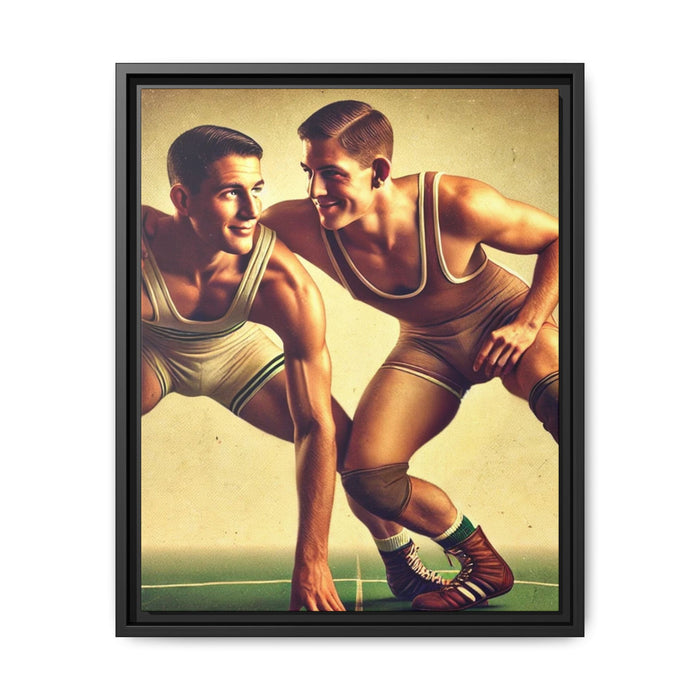 Vintage-style portrait of two young male wrestlers in retro singlets on a gym mat. One crouches in position while the other, slightly behind, smiles at him with playful affection. Both wear old-school wrestling shoes and knee pads. The scene captures athleticism, camaraderie, and queer subtext in a nostalgic, golden-toned setting. Grant Wood Tribute